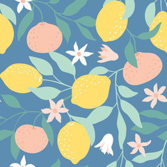 Seamless pattern with citrus fruits, flowers and leaves. Hand drawn overlapping backdrop. Colorful wallpaper. Vector illustration, good for printing.
