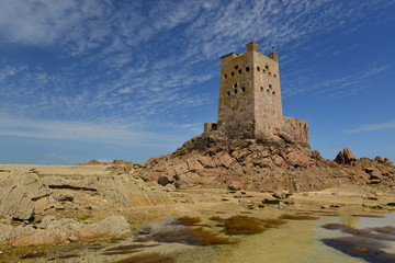 Fototapeta na wymiar Seymour tower, Jersey, U.K. Uninhabited 18th century Napoleonic military tower built 2km from shore only reached at low tide.
