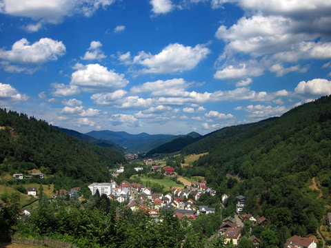 Hornberg from birdview on suny summer day, town in Black forest, Germany.