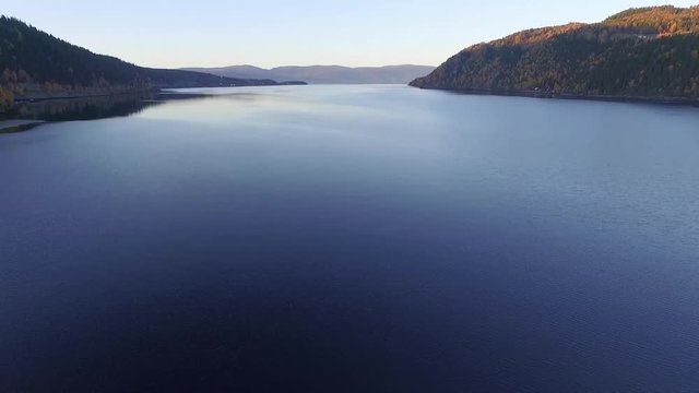 Aerial of Norwegian fjord with blue water