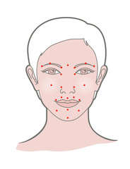 Shiatsu points face massage, acupuncture.  Isolated on white background