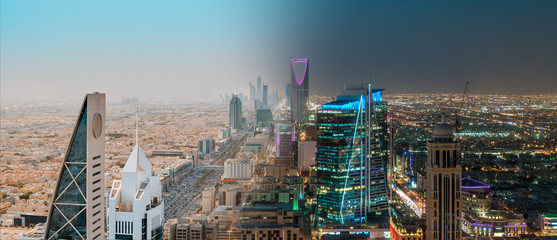 Saudi Arabia Riyadh Landscape Between Day and Night - Riyadh Tower Kingdom Centre, Kingdom Tower, Riyadh Skyline - Burj Al-Mamlaka, AlMamlakah - Riyadh at Daylight and Night Time - Tower View - obrazy, fototapety, plakaty