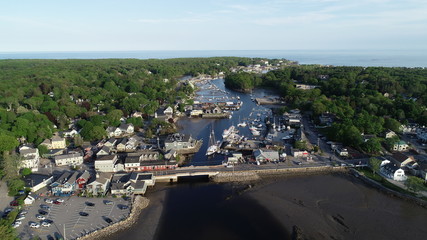 Fototapeta na wymiar Aerial view of Kennebunkport with boats docked.
