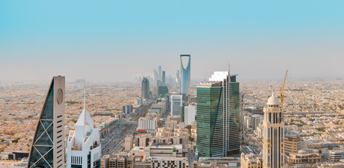 Saudi Arabia Riyadh landscape at Mourning - Riyadh Tower Kingdom Centre, Kingdom Tower, Riyadh Skyline - Burj Al-Mamlaka, AlMamlakah - Riyadh at Daylight - Tower View - obrazy, fototapety, plakaty