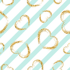 Gold heart seamless pattern. White-blue geometric stripes, golden grunge confetti-hearts. Symbol of love, Valentine day holiday. Design wallpaper, background, fabric texture. Vector illustration