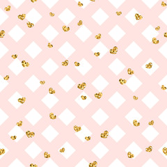 Gold heart seamless pattern. Pink-white geometric decoration, golden confetti-hearts. Symbol of love, Valentine day holiday. Design wallpaper, background, fabric texture. Vector illustration
