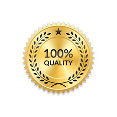 Fototapeta premium Seal award gold icon. Blank medal isolated white background. Golden design emblem. Laurel wreath, stars. Symbol assurance, winner, guarantee and best label, premium, quality. Vector illustration