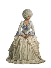 Marie Antoinette cosplay. Victorian dressed female model. Isolated on white.