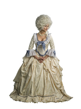 Marie Antoinette Cosplay. Victorian Dressed Female Model. Isolated On White.