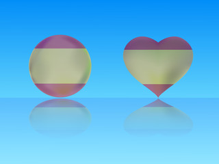 Spain flag in glossy ball and heart with reflection on blue background vector illustration