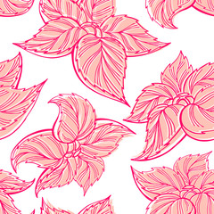 Nice tropical hand drawn pink flowers with red contour isolated on white background. Seamless pattern with exotic blossoms. Decoration, banner, wedding design, fabric print