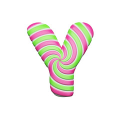 Sweet alphabet letter Y. Christmas font made of pink and green spiral striped lollipop. 3D render isolated on white background.