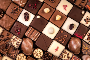Assortment of fine chocolate candies, white, dark and milk chocolate