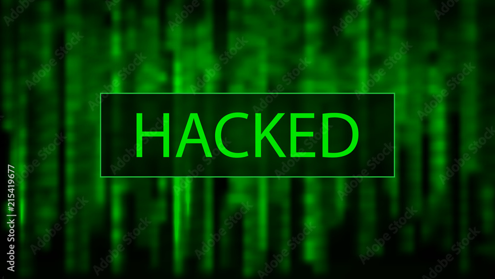 Poster Cyber attack. Hacked. Digital background green matrix. Binary computer code. Vector Illustration. Computer screen error templates.