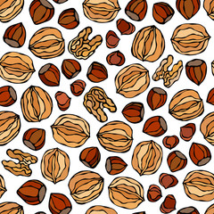 Hazelnut and Walnut Seamless Endless Pattern. Whole and Peeled Hazelnut. Autumn or Fall Harvest Collection. Realistic Hand Drawn High Quality Vector Illustration. Doodle Style.