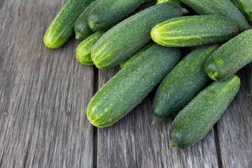 a lot of fresh green cucumbers on a board rustic table