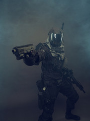 Cosplay futuristic solder with handgun in one hand. Dark background, hazy air.