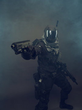 Cosplay Futuristic Solder With Handgun In One Hand. Dark Background, Hazy Air.