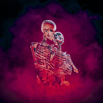 Evermore gothic romance / 3D illustration of embracing male and female skeleton lovers surrounded by blazing inferno