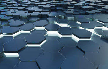 Black and blue hexagons background pattern 3D rendering