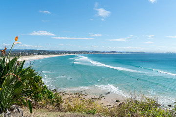 Fototapeta na wymiar Coolangatta lookout view along white beach to Surfer's Paradise in distance