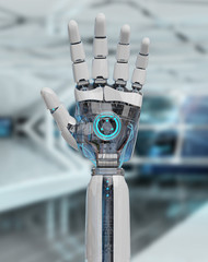 White cyborg opening his hand 3D rendering