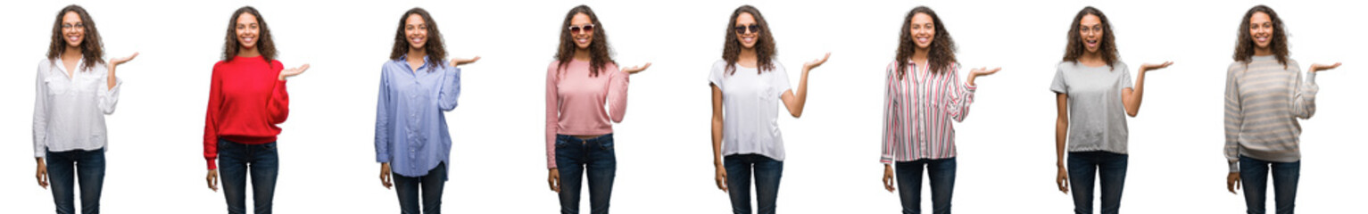 Composition of young brazilian woman isolated over white background smiling cheerful presenting and...