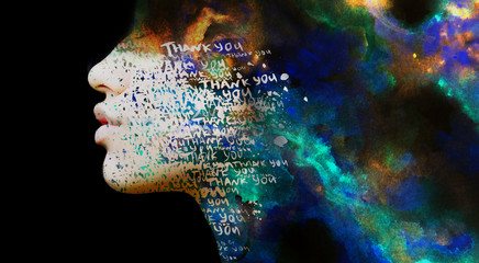 Double exposure. Paintography of an attractive sexy model combined with hand drawn ink painting with THANK YOU phrase repeating and blending into face