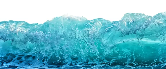 Papier Peint photo Lavable Turquoise Grande vague de mer orageuse bleue isolée sur fond blanc. Concept de nature climatique. Vue de face