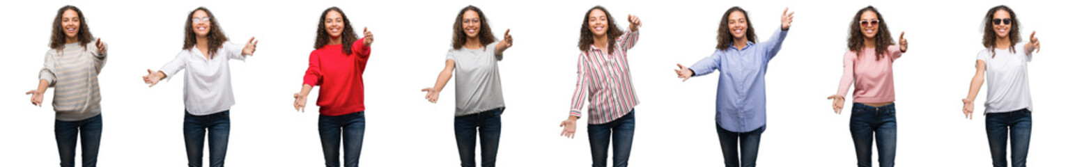 Composition of young brazilian woman isolated over white background looking at the camera smiling with open arms for hug. Cheerful expression embracing happiness.