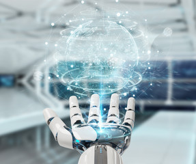 White cyborg hand using planet Earth interface 3D rendering