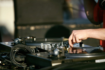 Fototapeta na wymiar DJ Mixing Music Track On Festival