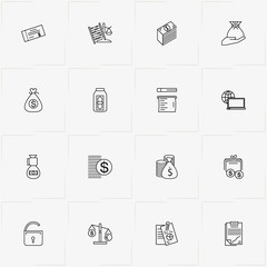 Banking line icon set with abacus, money bag and money