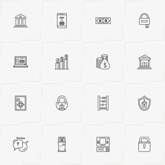 Banking line icon set with currency growth, live chat and cash dispenser