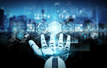 White cyborg hand using digital datas interface 3D rendering