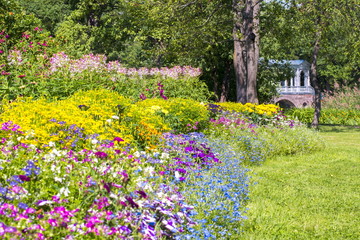 Marble bridge and flowers in Catherine park, Tsarskoe Selo, Saint Petersburg, Russia