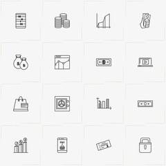 Banking line icon set with currency growth, mobile payment and graphics