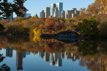 Fototapeta na wymiar Skyline of Manhattan reflected in a pond in central park at sunrise, New York, United States of America