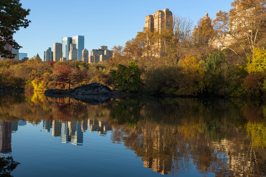 Skyline of Manhattan reflected in a pond in central park at sunrise, New York, United States of America