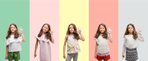 Collage of brunette hispanic girl wearing different outfits showing and pointing up with fingers...
