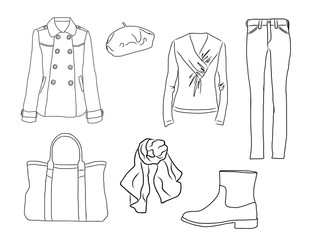 Naklejka premium Vector stylish fashion set of woman's autumn, spring or winter clothes and accessories. Casual silhouette outfit with jeans, coat, beret, bag, scarf,cardigan and boot.