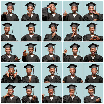 Young african american man wearing graduation cap very happy doing gesture with face and hands. Composition.