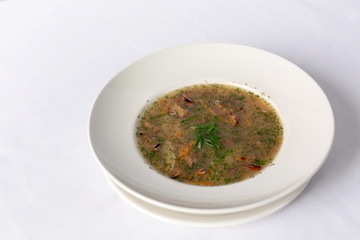 Mushroom soup in white bowl. Close-up view.