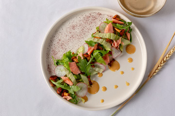 salmon salad with mushrooms, top view