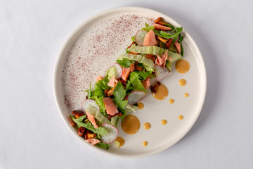 salmon salad with mushrooms, top view