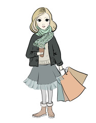 Fashion girl with coffee. Shopping.