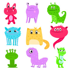 Obraz na płótnie Canvas Set of funny cute multi-colored monsters they can be great friends.