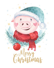 Watercolor cute Pig symbol 2019 illustration. Isolated funny cartoon ping animal Happy Chinese New...