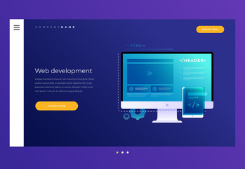 Concept of web development. Elements of interface and video player window on monitor screen. Development of applications for electronic and mobile devices. Header for website. Vector illustration.