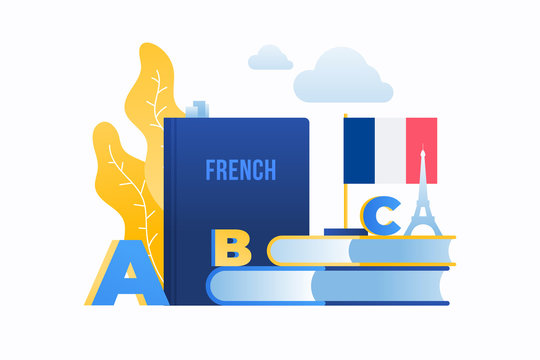 Studying of foreign language. Image of French flag, alphabet, books and silhouette of Eiffel tower. Concept of education. Vector flat image.